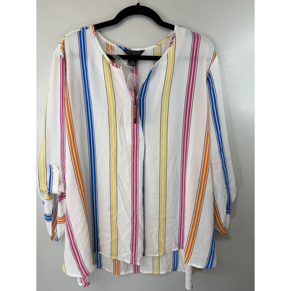 NWT Investments Plus Size Pullover White Blouse With Bold Color Stripes Size‎ 2X